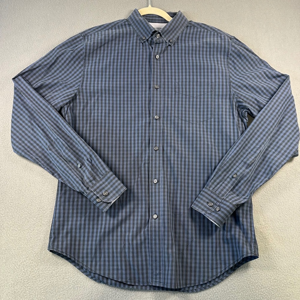 Banana Republic Luxe Poplin Slim Fit Shirt Mens Medium Blue Black Grid 390424-00